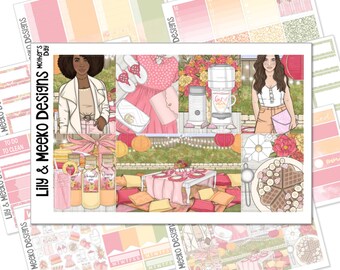 May include: A set of planner stickers featuring a picnic theme with illustrations of a woman, food, drinks, and a table with pillows. The stickers are in pink, orange, green, and brown tones. The text "Cost of Living" is on a coffee cup.