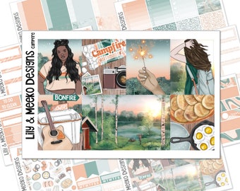 Campfire | Planner Sticker Kit Weekly Vertical | For use in Erin Condren Life Planner, A5Wide A5W, Happy Planner | Full Boxes camping forest