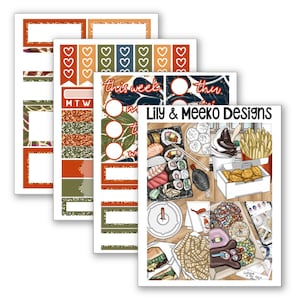 May include: A set of planner stickers featuring a variety of designs, including a sushi platter, a burger, fries, and a donut. The stickers are in a variety of colors, including red, orange, yellow, green, blue, and purple. The stickers are perfect for adding a touch of fun and personality to your planner.