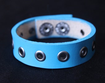 Turquoise Blue Leather Cuff Bracelet with Silver Rivets
