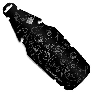 May include: Black bicycle fender with white line art illustrations of a bird, tree, bicycle, compass, and globe. The fender has the text "Made in Germany Original" and "riesel design".