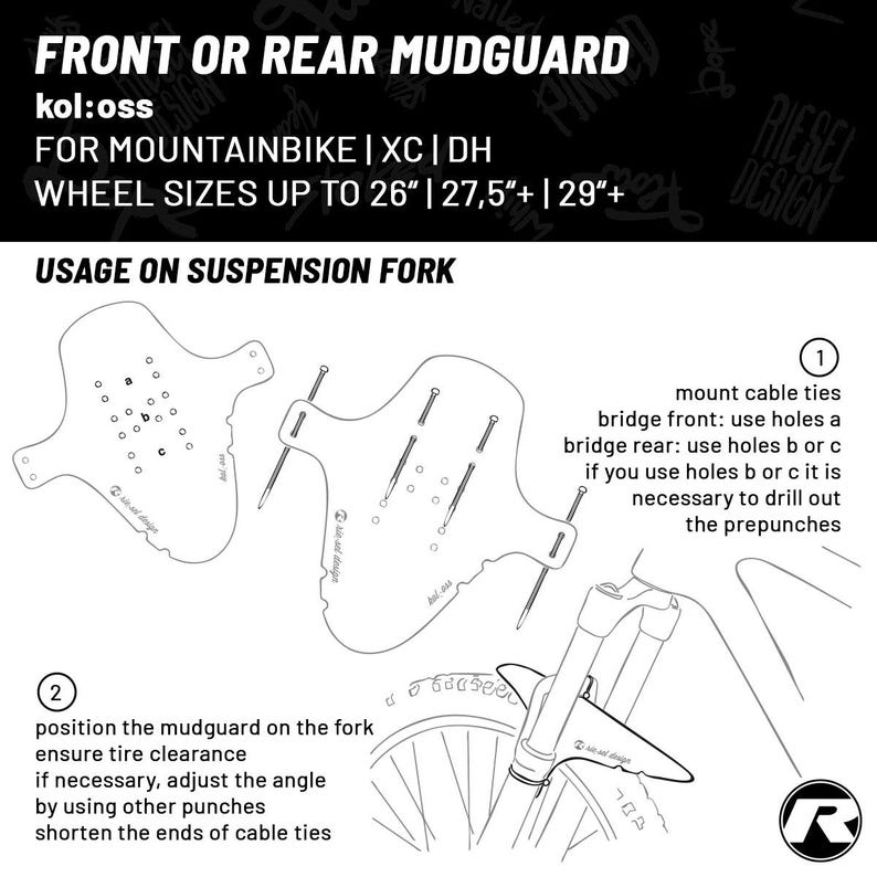 May include: Diagram of a front or rear mudguard for mountain bikes, XC, and DH. The image shows two mudguards with instructions for mounting on a suspension fork. Wheel sizes up to 26", 27.5"+, and 29"+.