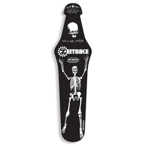 May include: A black bicycle fender with a white skeleton graphic. The fender has the text "ZEITBIKE" and "ASS SAVERS". The top of the fender reads "FLIP TIP" and "FOLD UP TIP TO LOCK". The text "Hold on tight, SKELLY!" is also present.