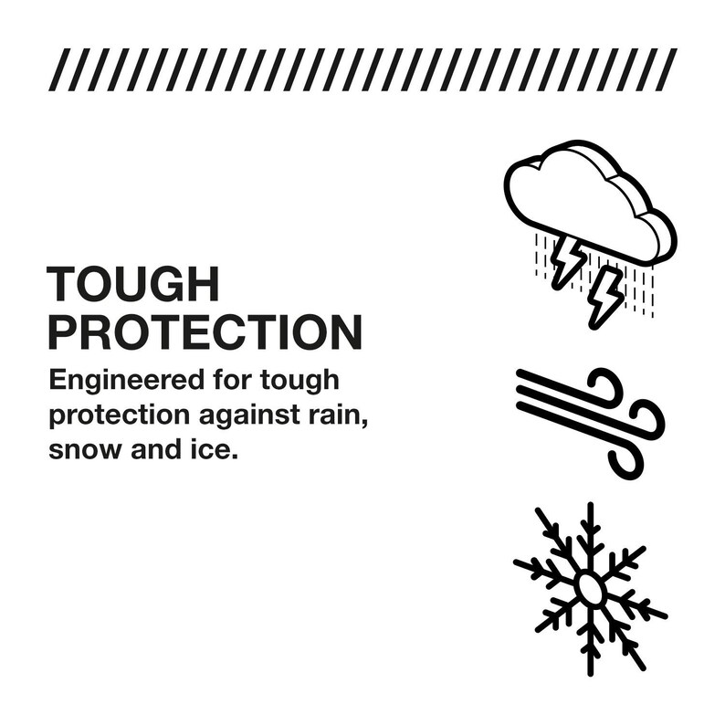 May include: A black and white graphic with the words "TOUGH PROTECTION" and the tagline "Engineered for tough protection against rain, snow and ice." The image includes icons of a cloud with lightning, wind, and a snowflake.