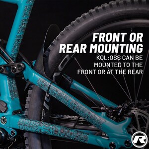 May include: Close-up of a teal mountain bike frame with black and gray accents. The frame has a decorative pattern. The text "FRONT OR REAR MOUNTING" is displayed, with additional text below indicating the product can be mounted on the front or rear.