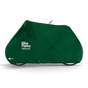May include: A dark green bicycle cover with the text "Bike Parka" in white. The cover is shaped to fit a bicycle and has a drawstring closure. The word "FRONT" is printed on the cover. The cover is designed to protect a bicycle from the elements.