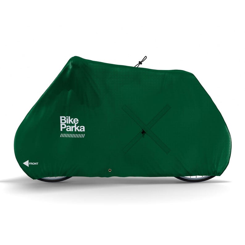 May include: A dark green bicycle cover with the text "Bike Parka" in white. The cover is shaped to fit a bicycle and has a drawstring closure. The word "FRONT" is printed on the cover. The cover is designed to protect a bicycle from the elements.