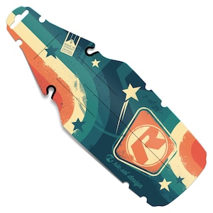 May include: A bicycle mudguard with a retro design. The mudguard features a color scheme of teal, orange, and cream, with star and stripe graphics. The text "Made in Germany Original riesel design" is visible.