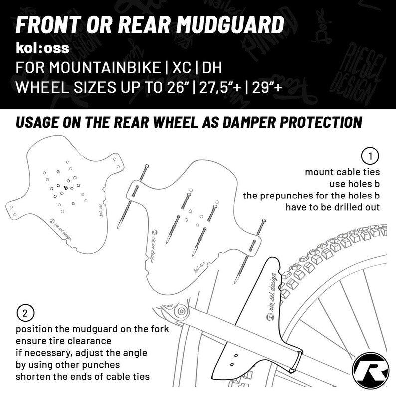 May include: Diagram of a black and white mudguard for mountain bikes, with text indicating it's for front or rear use. Instructions show how to install the mudguard using cable ties, with wheel size compatibility up to 29 inches.