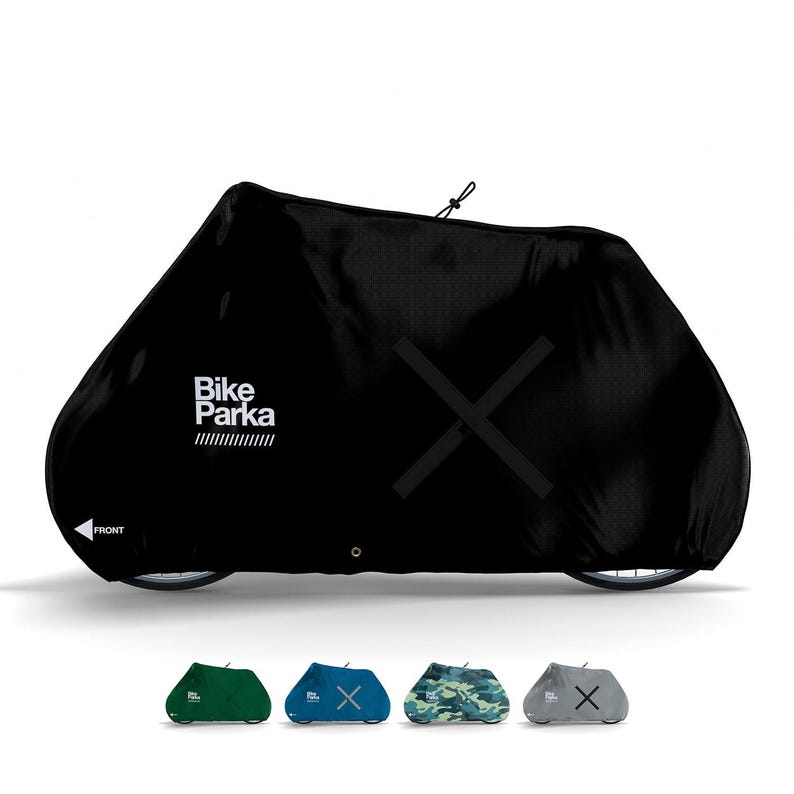 May include: Black Bike Parka bicycle cover with white text and a large gray X. The cover is shown over a bicycle, with the word "FRONT" indicated. Below are green, blue, camouflage, and gray covers.