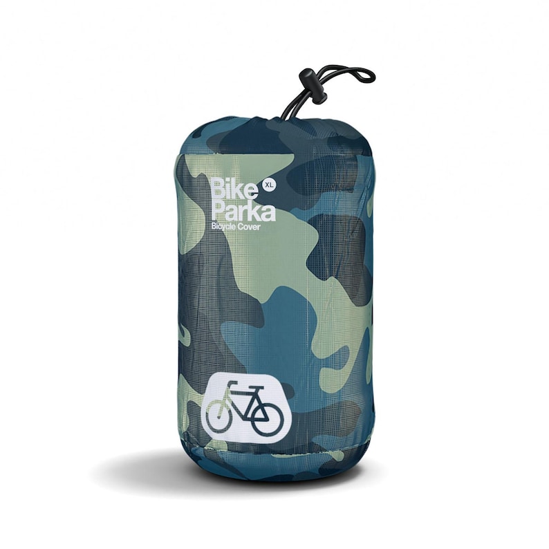 May include: A camouflage-patterned Bike Parka bicycle cover in blue, green, and white. The cover is cylindrical, with a drawstring closure at the top. The text "Bike Parka Bicycle Cover" and a bicycle graphic are visible.