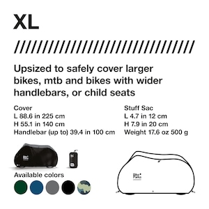 May include: Black and gray XL bike cover with the text "Bike Parka". The cover is designed to fit larger bikes, MTBs, and bikes with wider handlebars or child seats. Available in multiple colors.