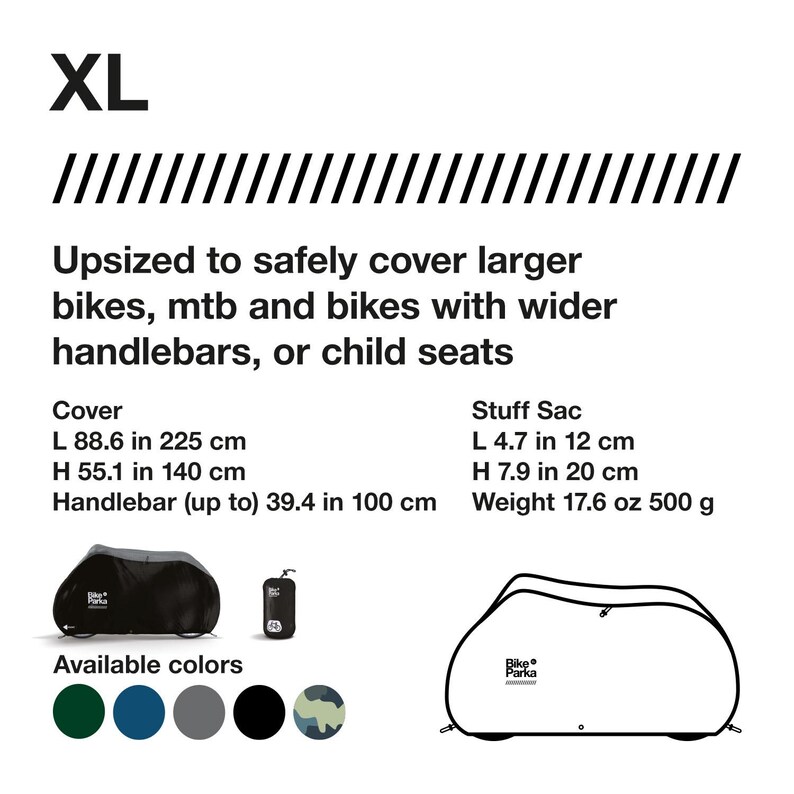 May include: Black and gray XL bike cover with the text "Bike Parka". The cover is designed to fit larger bikes, MTBs, and bikes with wider handlebars or child seats. Available in multiple colors.