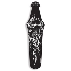May include: Black bicycle fender with a white octopus design and the text "ZEITBIKE ASS SAVERS". The fender has a curved shape and a "FLIP TIP" feature. It is designed to protect the rider from mud and water.
