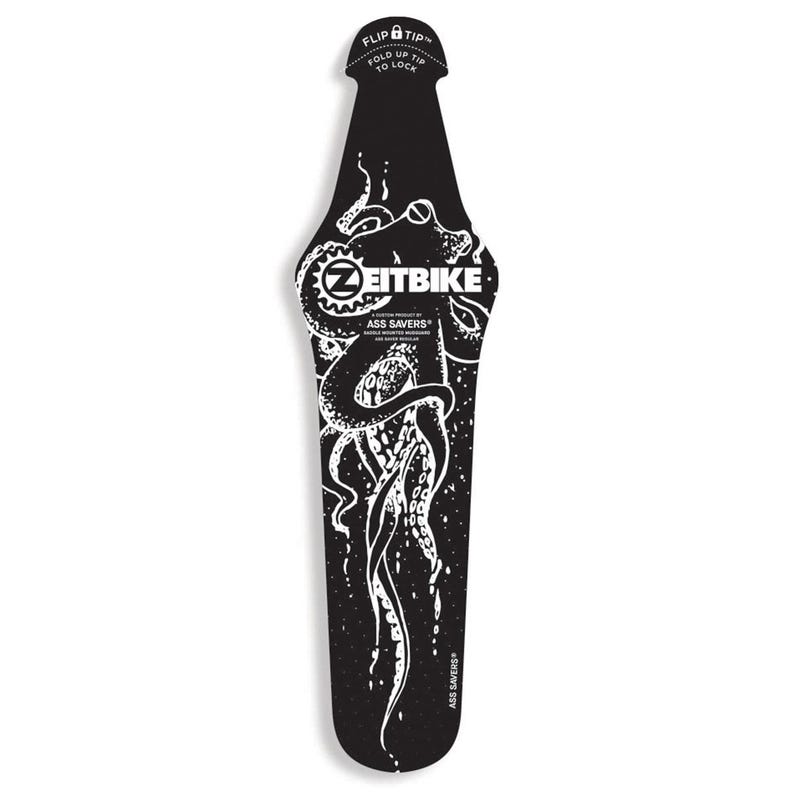 May include: Black bicycle fender with a white octopus design and the text "ZEITBIKE ASS SAVERS". The fender has a curved shape and a "FLIP TIP" feature. It is designed to protect the rider from mud and water.