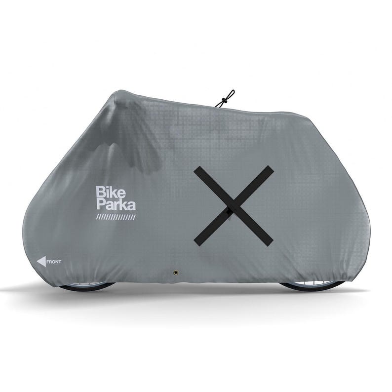 May include: A gray bike cover with the text "Bike Parka" and a large black X. The cover is draped over a bicycle, with the front of the cover indicated by an arrow. The cover is designed to protect the bike from the elements.