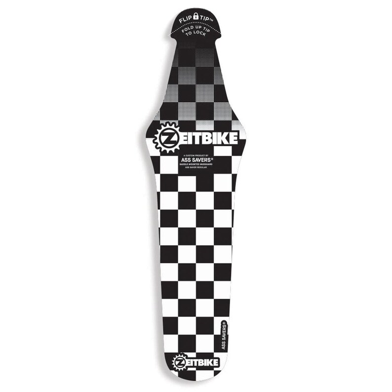 May include: A black and white checkered bicycle fender with the text "ZEITBIKE" and "ASS SAVERS". The fender has a flip tip and is designed to protect the rider from mud and water. The product is a custom product of Handlebar Mountain Products.