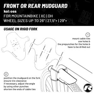 May include: Diagram of a front or rear mudguard for mountain bikes. The image includes instructions for installation, showing the mudguard's shape, mounting points, and wheel size compatibility up to 29 inches. The text includes "kol:oss" and "Riesel Design".