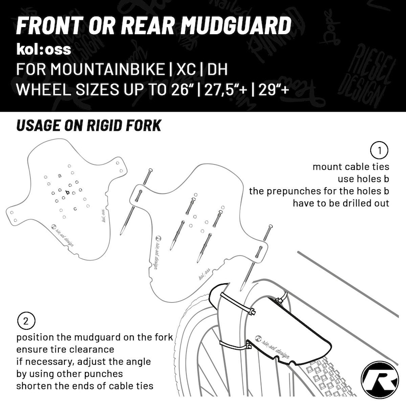 May include: Diagram of a front or rear mudguard for mountain bikes. The image includes instructions for installation, showing the mudguard's shape, mounting points, and wheel size compatibility up to 29 inches. The text includes "kol:oss" and "Riesel Design".