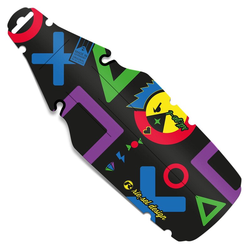 May include: Black bicycle fender with colorful geometric shapes and the text "rie:sel design". The fender features a red, blue, green, and purple color scheme, with a "Made in Germany Original" tag.