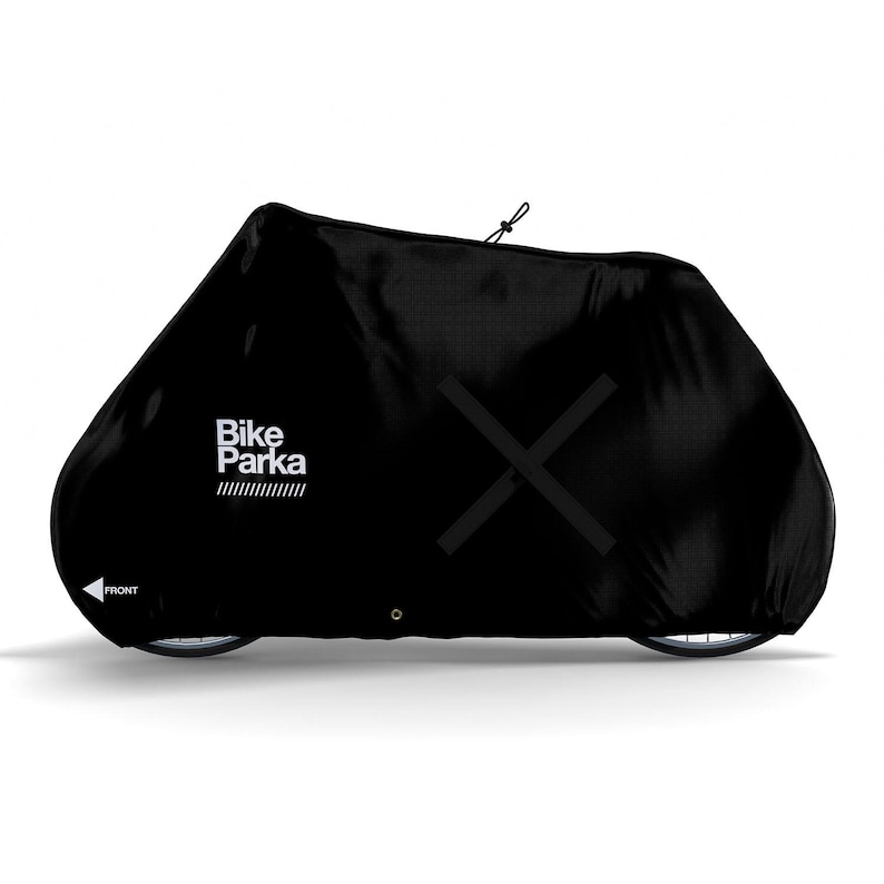 May include: Black bicycle cover with the text "Bike Parka" in white. The cover has a large white "X" on the side and a drawstring closure. The front of the cover is labeled "FRONT".
