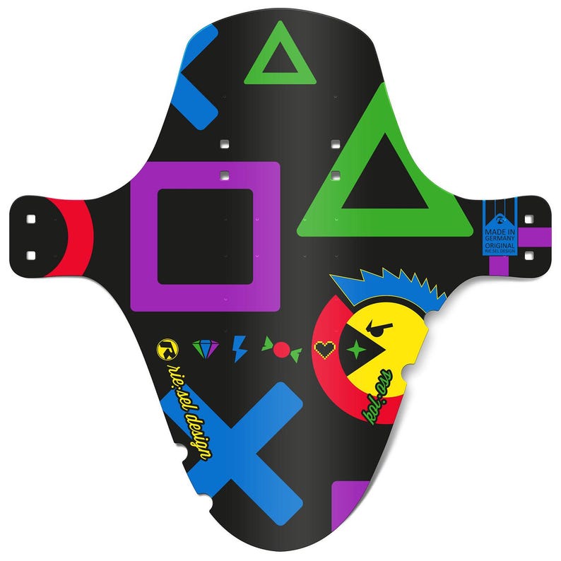 May include: Black bicycle fender with colorful geometric shapes and a cartoon character design. Features a purple square, green triangle, and blue X. The fender has the text "rie:sel design" and "Made in Germany".