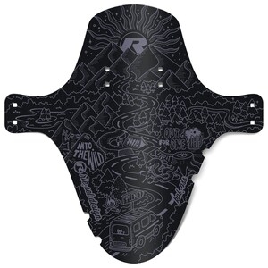 May include: Black mountain bike fender with a detailed white graphic. The design includes a road winding through mountains, trees, and a sun. Text includes "Into the Wild", "Out for One", and "Send It".