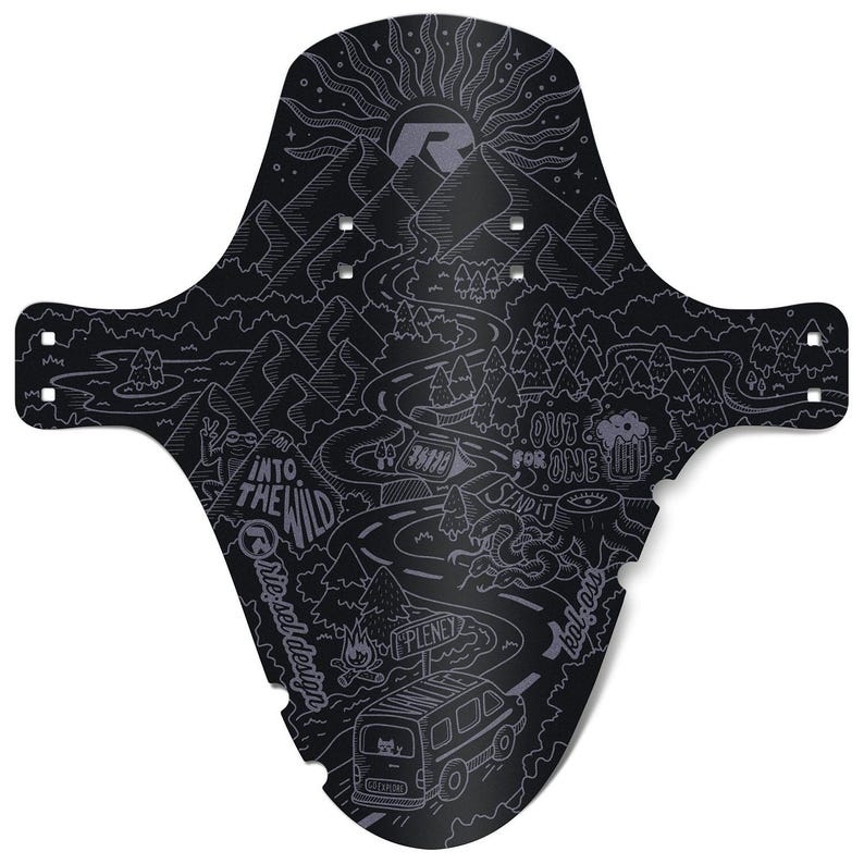 May include: Black mountain bike fender with a detailed white graphic. The design includes a road winding through mountains, trees, and a sun. Text includes "Into the Wild", "Out for One", and "Send It".