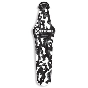 May include: A black and white camouflage bicycle fender with the text "ZEITBIKE" and "ASS SAVERS". The fender has a curved shape and a "FLIP TIP" at the top. The design features a pattern of irregular shapes.