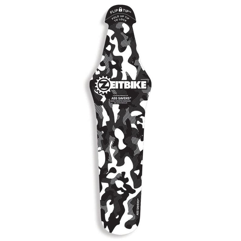 May include: A black and white camouflage bicycle fender with the text "ZEITBIKE" and "ASS SAVERS". The fender has a curved shape and a "FLIP TIP" at the top. The design features a pattern of irregular shapes.