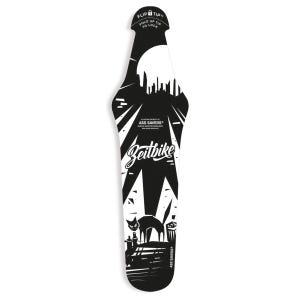 May include: Black and white Zeitbike saddle mounted mudguard. The design features a cityscape silhouette, a full moon, and a cat. The top reads "Flip Tip Fold Up Tip To Lock". The bottom reads "Ass Savers".