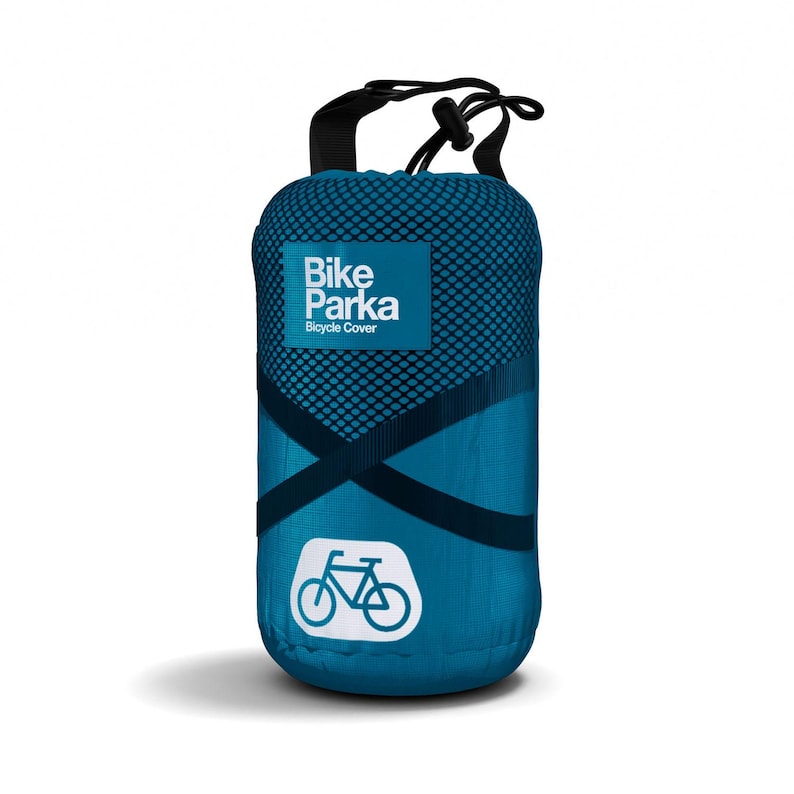 May include: A teal Bike Parka bicycle cover, rolled up and secured with a black drawstring. The cover features a white bicycle graphic and the text "Bike Parka Bicycle Cover" on a blue square.