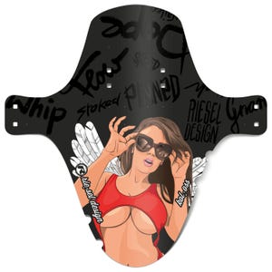 May include: Black bicycle fender with a graphic of a woman wearing sunglasses and a red top. The fender has white angel wings and the words "Flow", "Whip", "Pinned", and "Riesel Design" in white.