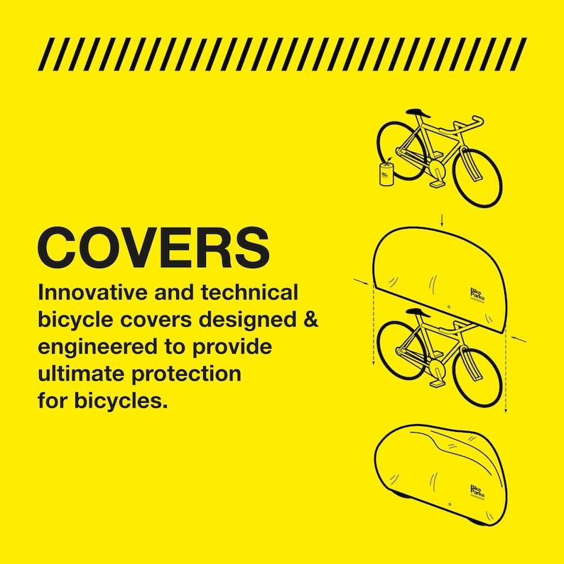 May include: Yellow background with the word "COVERS" in bold black text. Below, the text reads "Innovative and technical bicycle covers designed & engineered to provide ultimate protection for bicycles." Illustrations show a bicycle and how the cover is used.