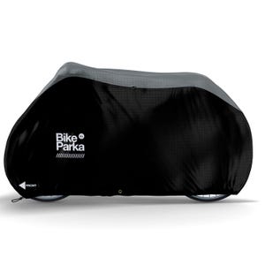 May include: Black and gray Bike Parka XL bicycle cover. The cover is designed to protect a bicycle from the elements. The front of the cover has the word "FRONT" and the Bike Parka logo in white.