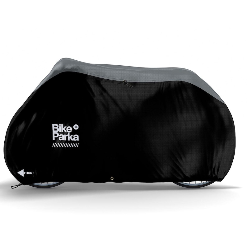 May include: Black and gray Bike Parka XL bicycle cover. The cover is designed to protect a bicycle from the elements. The front of the cover has the word "FRONT" and the Bike Parka logo in white.
