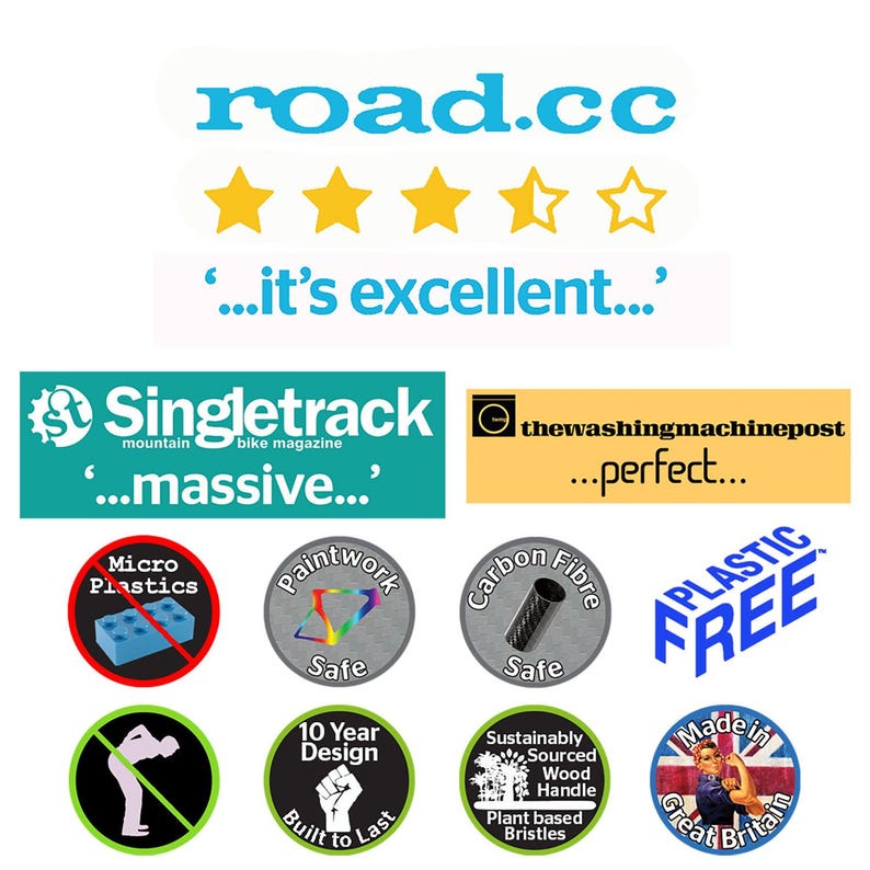 Puede incluir: Imagen con varios logotipos y distintivos, incluyendo "road.cc", "Singletrack" y "Made in Great Britain". La imagen tambi&eacute;n presenta texto como "Plastic Free" y una calificaci&oacute;n de cuatro estrellas. El tema est&aacute; relacionado con el ciclismo de monta&ntilde;a.