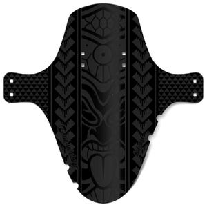 May include: Black mountain bike fender with a tribal tiki design. The fender features a central tiki face with a long tongue, surrounded by geometric patterns and the text "riesel design" and "fat ass".