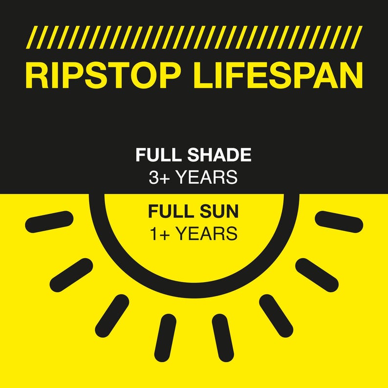 May include: A graphic with the text "RIPSTOP LIFESPAN" in yellow on a black background. Below, it states "FULL SHADE 3+ YEARS" and "FULL SUN 1+ YEARS" with a sun graphic.