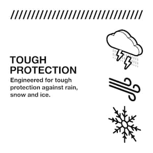 May include: A black and white graphic with the words "TOUGH PROTECTION" and the phrase "Engineered for tough protection against rain, snow and ice." The image includes icons of a cloud with lightning, wind, and a snowflake.