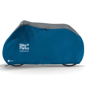 May include: A blue and gray Bike Parka XL bicycle cover. The cover is designed to fully enclose a bicycle, protecting it from the elements. The front of the cover has the word "FRONT" and an arrow. The Bike Parka logo is visible.