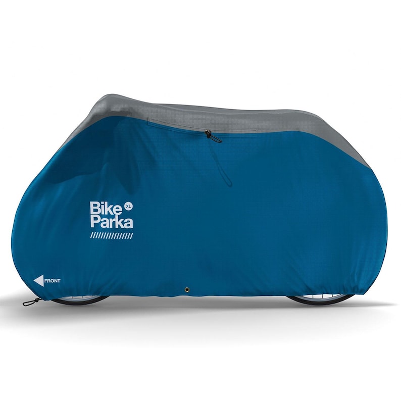 May include: A blue and gray Bike Parka XL bicycle cover. The cover is designed to fully enclose a bicycle, protecting it from the elements. The front of the cover has the word "FRONT" and an arrow. The Bike Parka logo is visible.