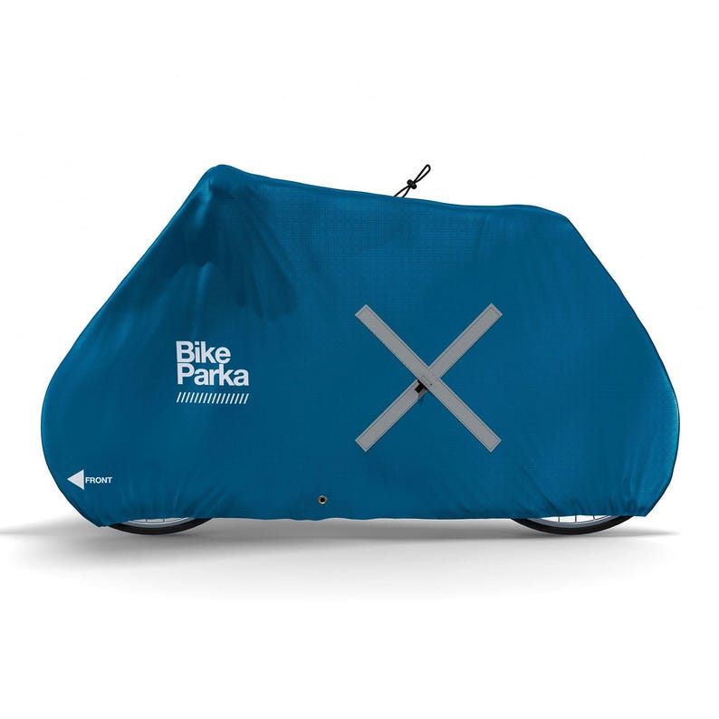 May include: A teal bicycle cover with the text "Bike Parka" and a white stripe design. The cover has a reflective X-shaped design and a drawstring closure. The word "FRONT" is visible on the cover.