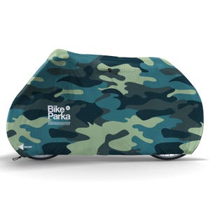 May include: A camouflage-patterned Bike Parka XL bicycle cover in shades of green and blue. The cover is designed to fully enclose a bicycle, protecting it from the elements. The word "FRONT" is printed on the lower left corner.