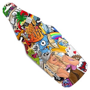 May include: A colorful bicycle frame protector with a vibrant cartoon design. The artwork includes a pineapple wearing sunglasses, a smiling banana, and a woman giving a thumbs up. The protector has the text "Made in Germany Original" and "riesel design".