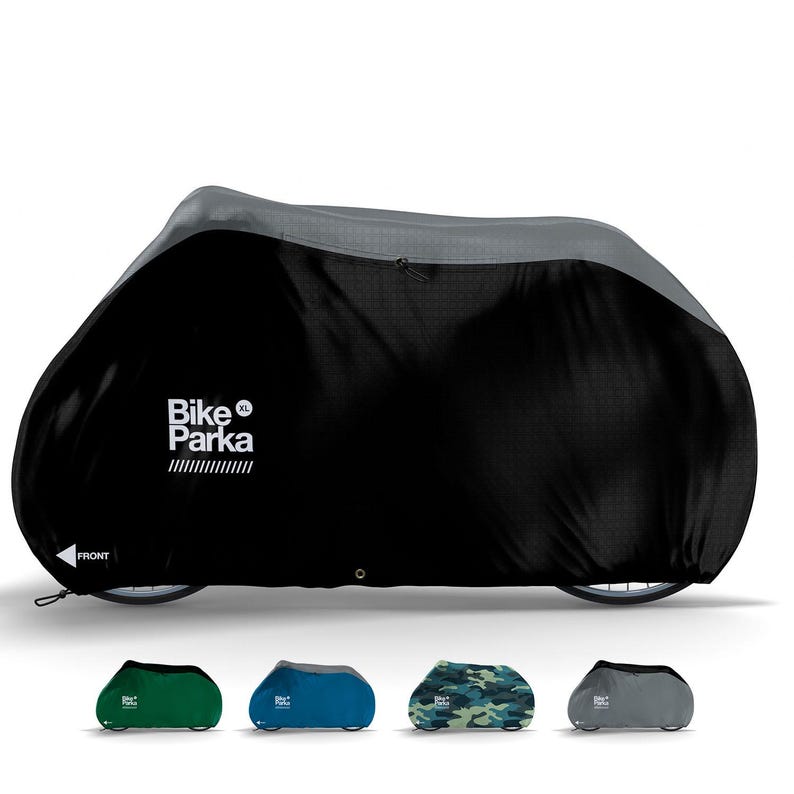 May include: Black Bike Parka XL bicycle cover with a gray top section. The cover is designed to protect a bicycle and features the brand name in white. Four smaller covers in green, blue, camouflage, and gray are shown below.
