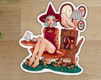 NovemberWitch | Die Cut Vinyl Sticker, Magical Art, Cute Cottagecore Illustration, Forest Witch, Cozy Autumn Vibes,