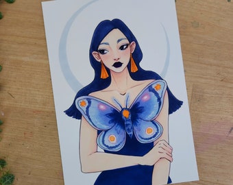 Moon | Marker Illustration Artwork, Moth Girl Fantasy Art, Moon Godess, Magical Witch Aesthetic, Moon and Stars