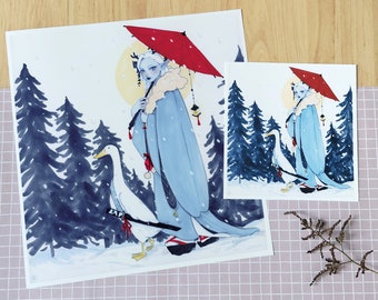 Yuki | Square Wall Art Print, Samurai Duck, Yuki Onna, Demon Girl Illustration, Snow Landscape, Pine Tree, Marker Artwork, Japanese Umbrella