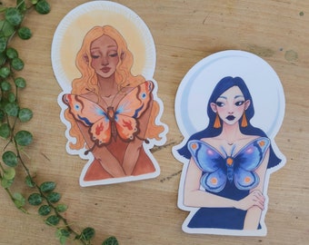Sun & Moon Fantasy Art Stickers | Matte Vinyl Stickers, Butterfly Moth Girls, Whimsical Female Character, Nature Witch, Die Cut Decal